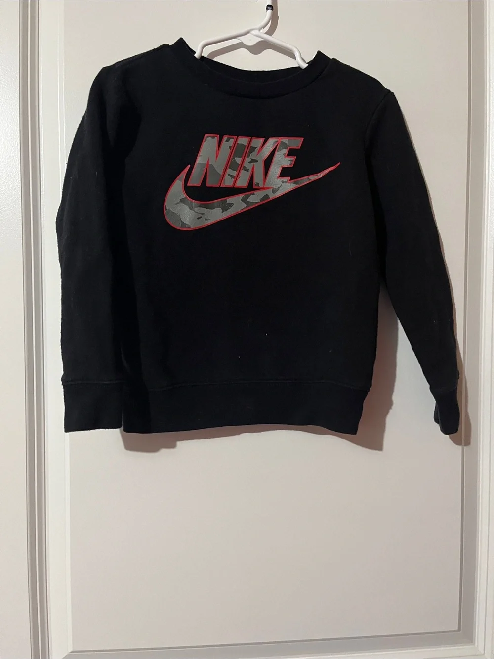 Nike Black Sweatshirt with Gray Camo Swoosh and Red Trim